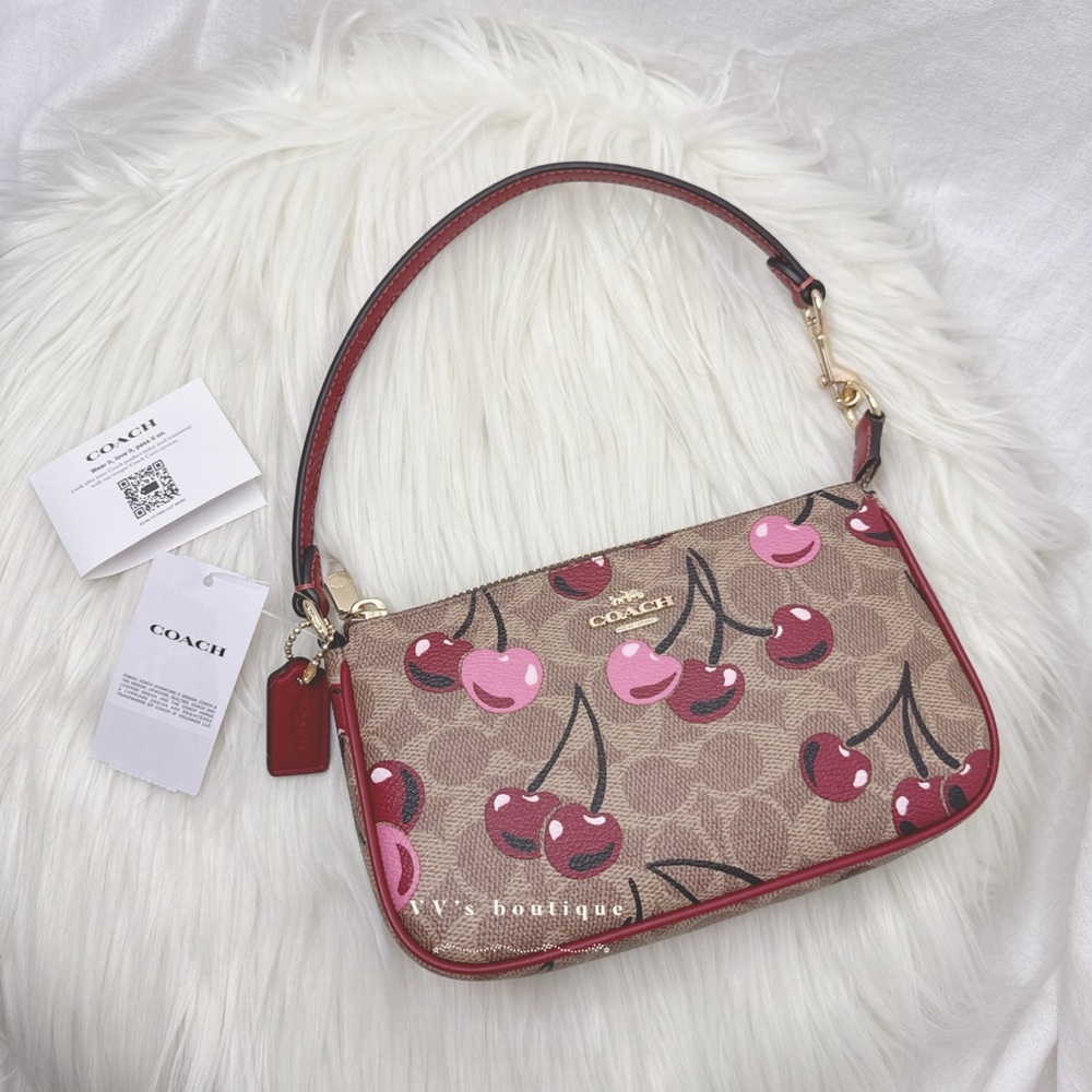 NWT Nolita 19 In Signature Canvas With Cherry Print Gold Tan Red Pink CZ011